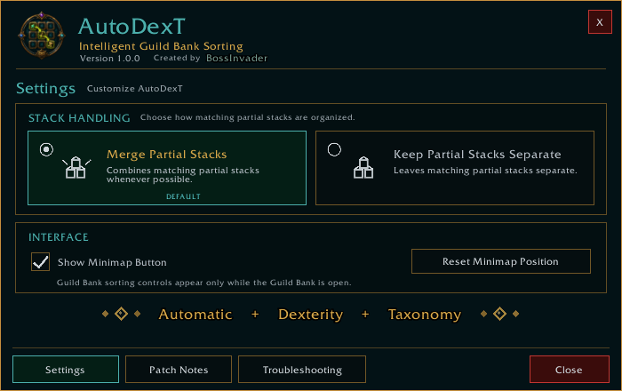 AutoDexT Settings and Stack Handling Options