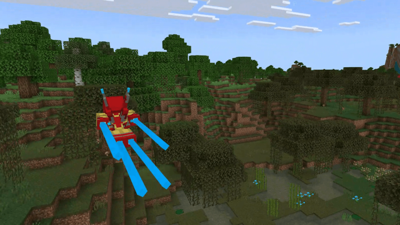 Sprinting while flying. The flight stabilizer item is being used in this photo here,