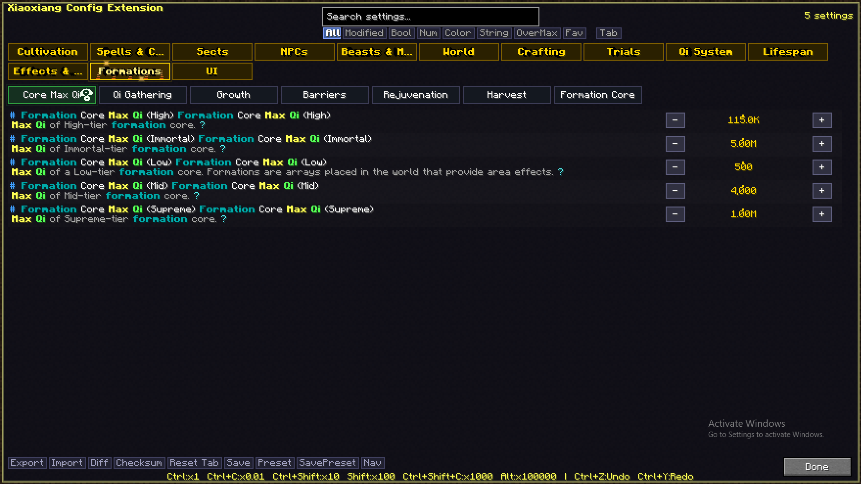 Formations power a huge part of sect life, and this tab puts every tier under your control - core max Qi, Qi gathering and growth multipliers, barrier strength, rejuvenation amplifiers, and harvest intervals, all configurable across all five tiers.
