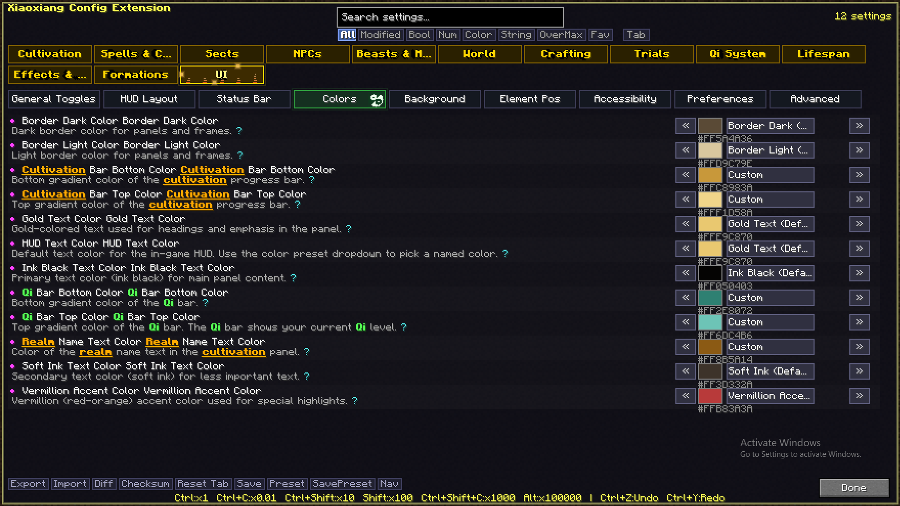 Make the config screen and cultivation HUD work the way you need them to - adjust text scale and weight for Chinese and English separately, customize colors across the board, switch on high-contrast mode, or turn off animations with the reduce-motion toggl