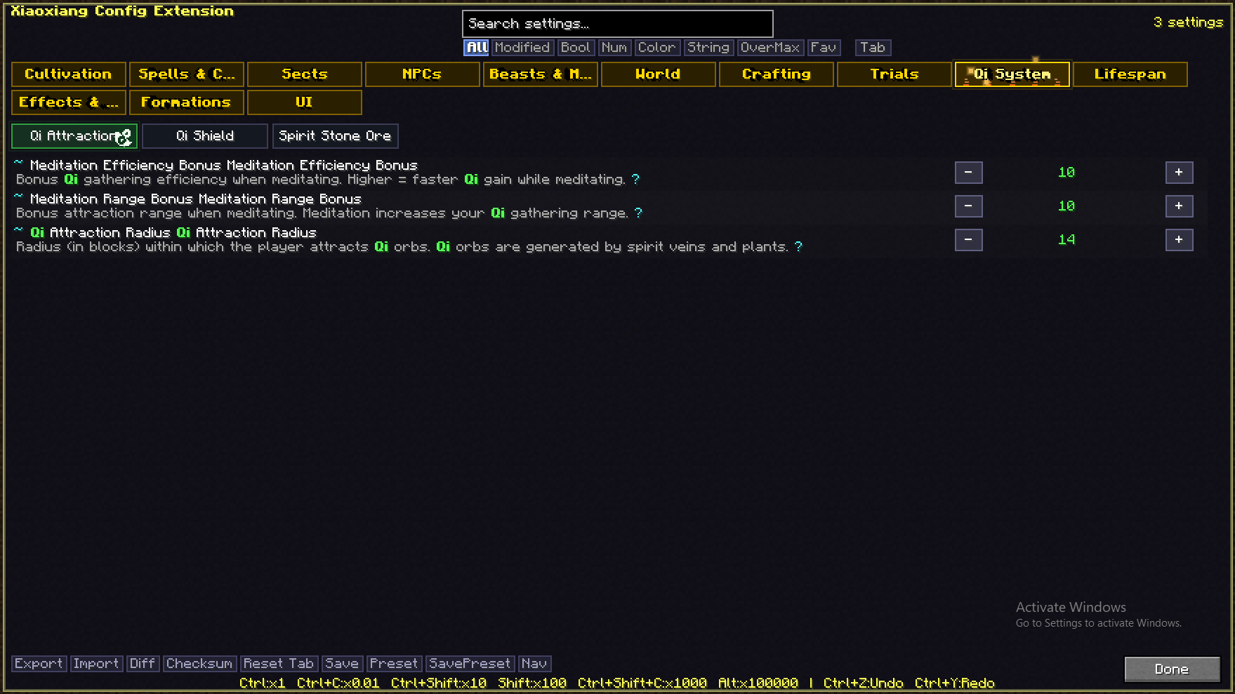 Fine-tune the core resource of the entire mod - how fast players attract ambient Qi, how much Qi shields reduce incoming damage, and how quickly spirit stone ore regenerates its Qi supply across every tier in the world.