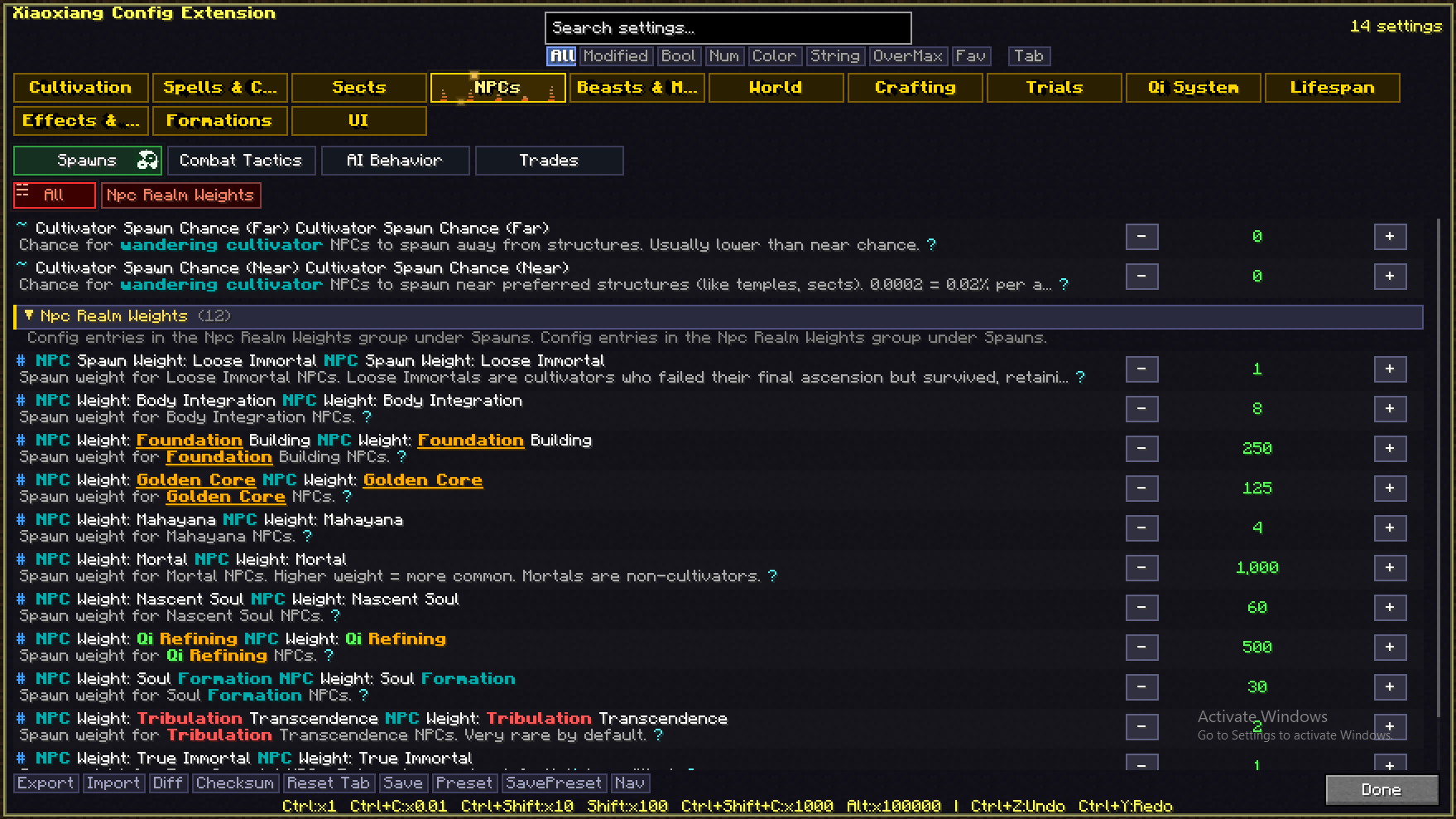 Shape how the cultivators living in your world behave and fight - dodge chance, scan ticks, reaction time, and cooldowns per realm for combat tactics, plus full control over AI behavior, spawn rates, and trade tables.