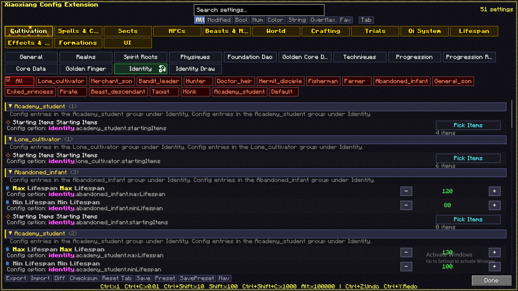 Control the starting lifespan ranges for every identity category, and go further by building your own custom cultivator identity from scratch - give it a name, a description, and a hand-picked starting item loadout.