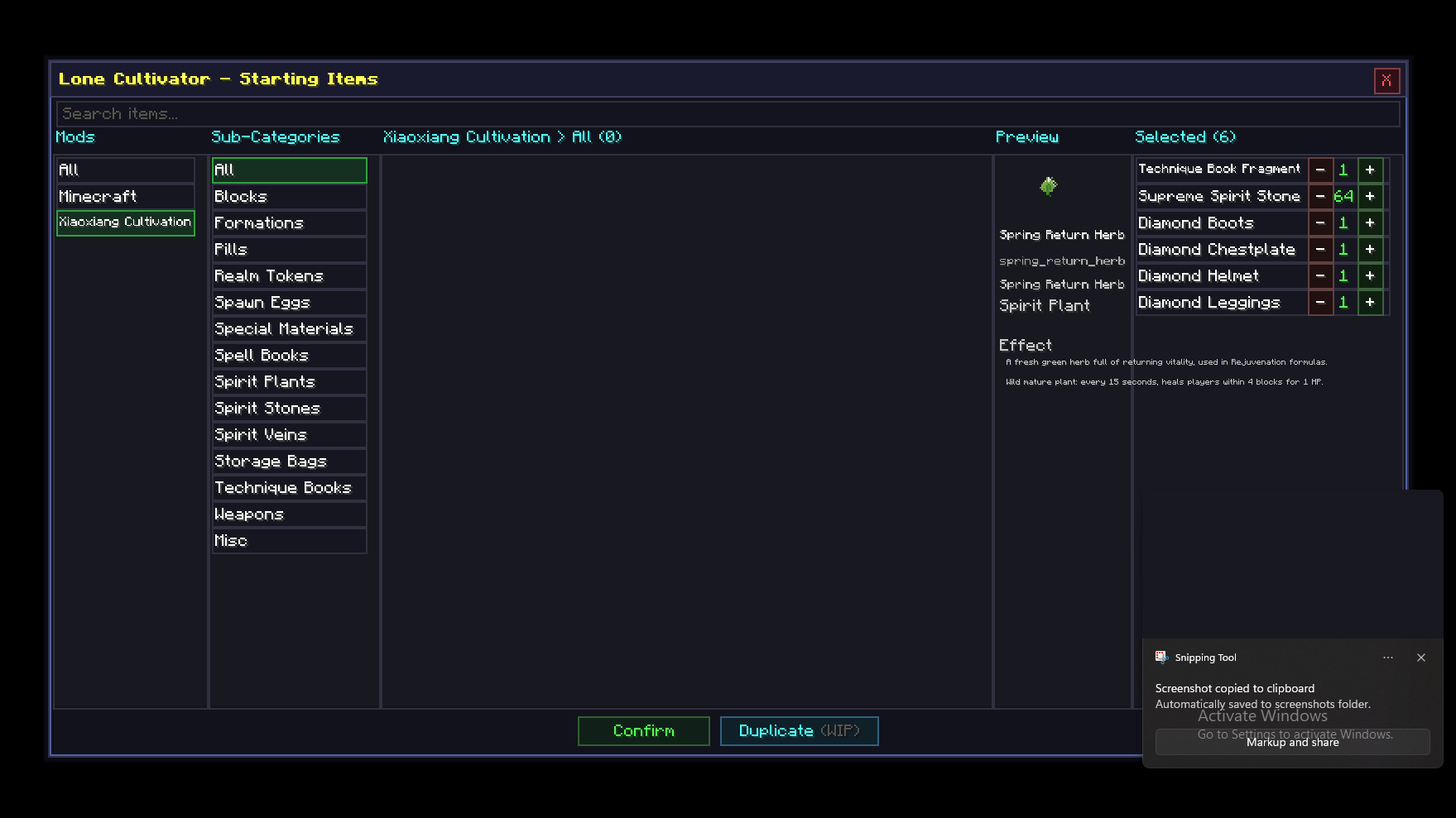 Pick exactly what a cultivator starts with by browsing a full item library covering both vanilla Minecraft and every item from Xiaoxiang Cultivation World - search, filter by category, and double-click to add anything you want.