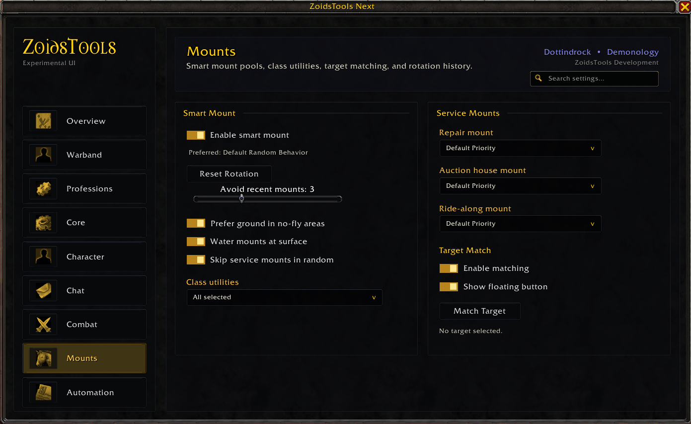 This page lets you use the smart mount feature which will randomize your mounts using less used mounts as a priority to help mix it up a little. You can select preferred repair, AH, and ride-along mounts as well, including target matching mounts.