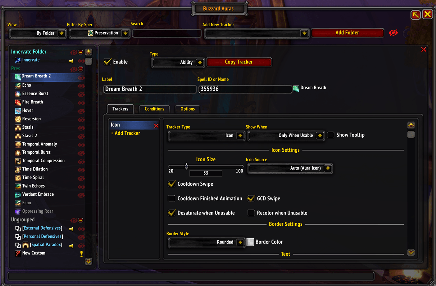 Options panel