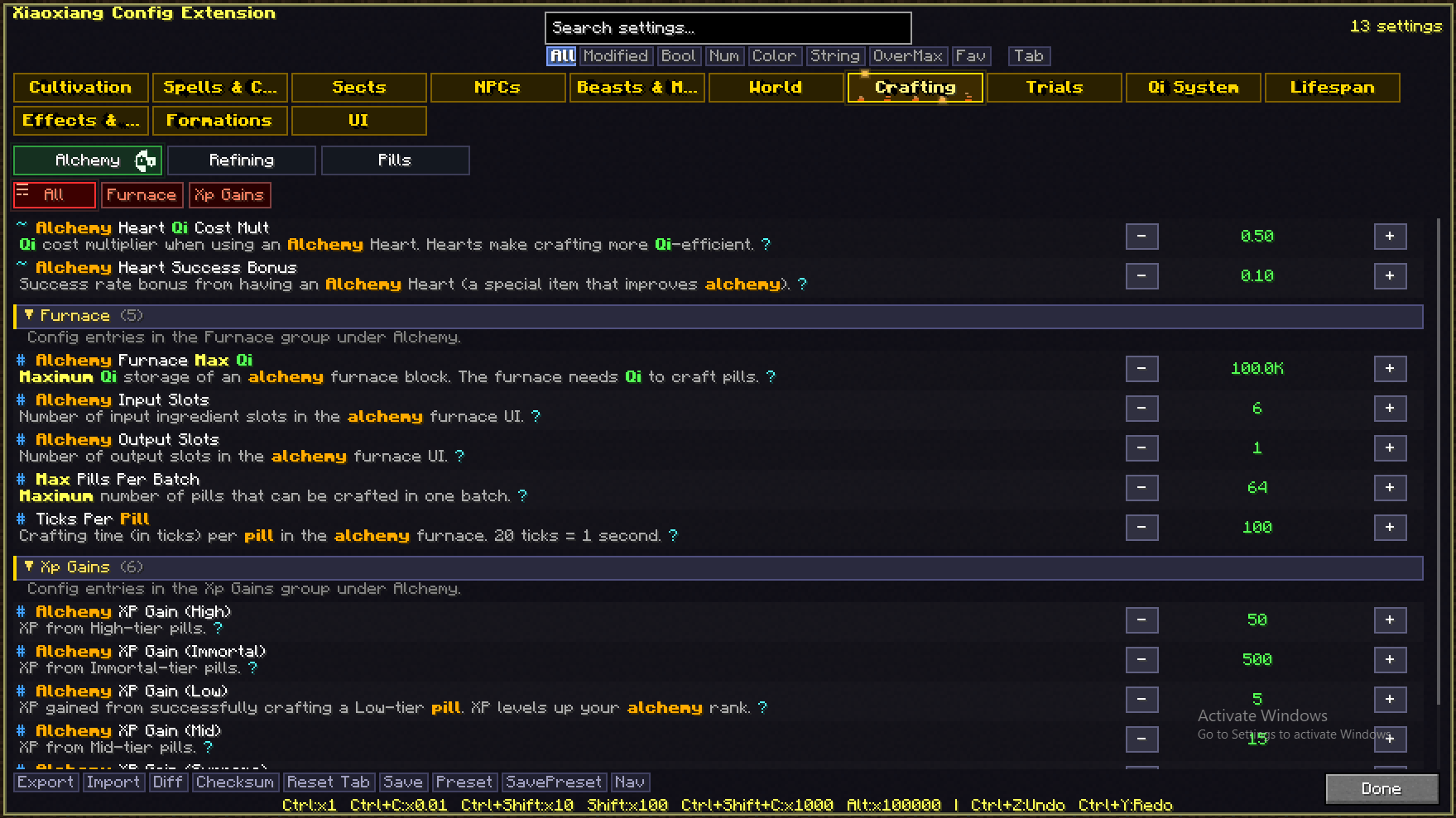 Configure furnace Qi capacity, input and output slot counts, batch size limits, and crafting time per pill, plus XP gains across every pill tier.