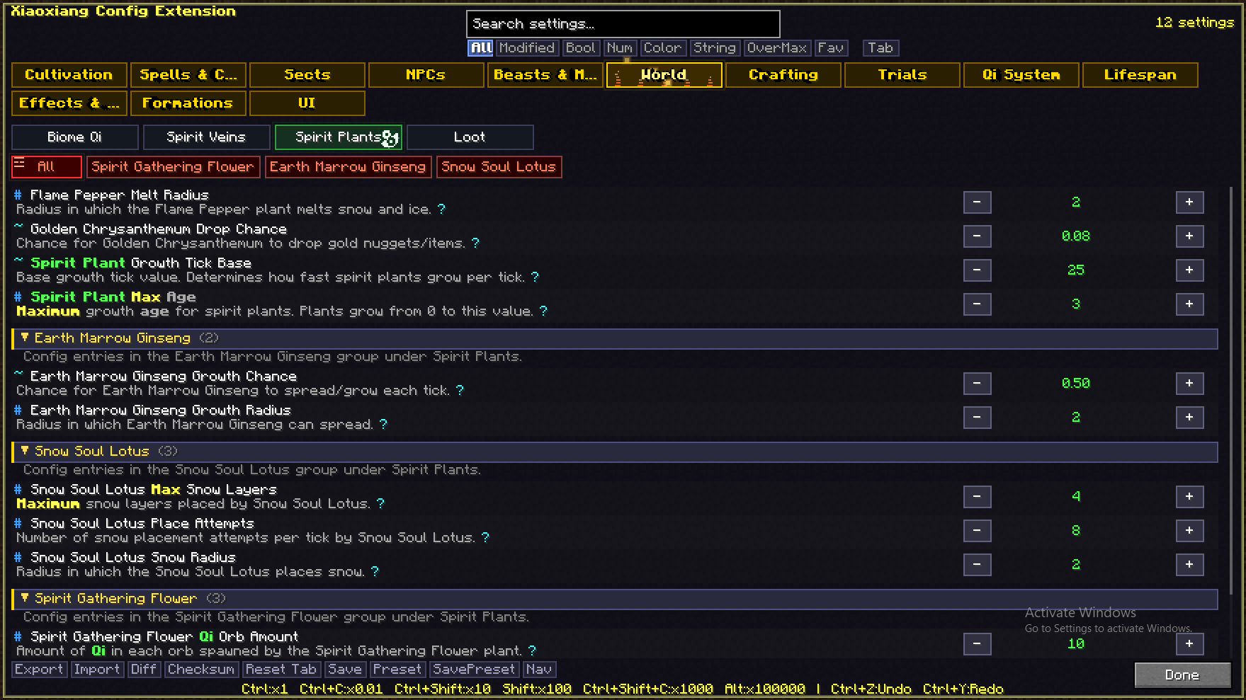 Tune growth rates, spread radius, and special effects for the world's spirit plants, from the Flame Pepper's snow-melting radius to the Snow Soul Lotus's snow placement.