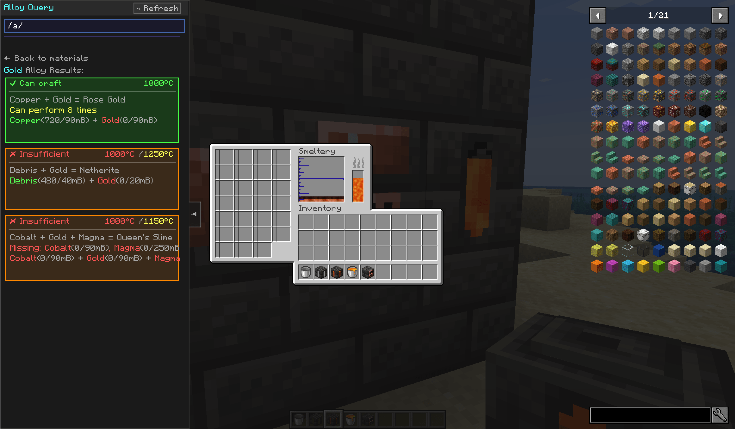 Thumbnail Using "/a/" to enter Alloy Query and browse through all the materials an see what they could be used for alloying. Easily chaeck the required temperature and other fluids required as well as the available perform times