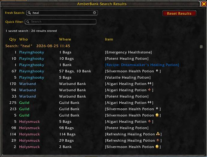 Thumbnail Shows the separate cached between sessions search results panel with quick new search and search filtering.