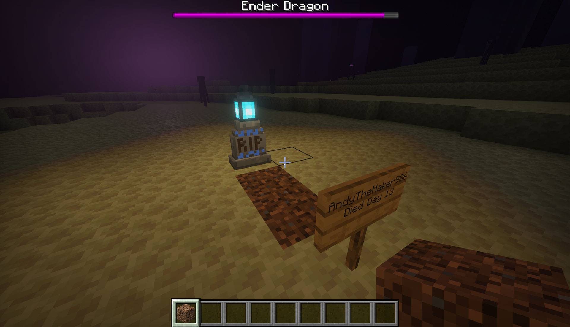A Soulbound Graves marker standing in the End with a Soul Lantern, carved RIP tombstone, coarse-dirt plot, and death-day sign.