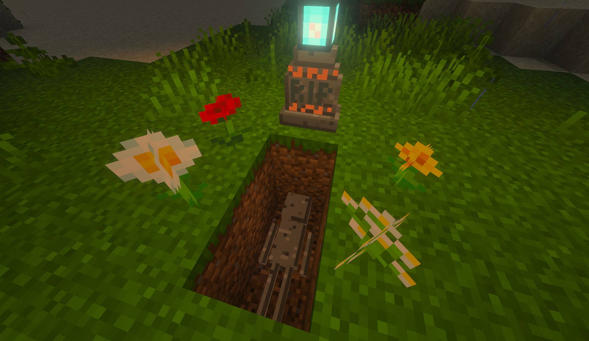 An excavated Soulbound grave showing the prone skeleton that securely holds the player's stored inventory.
