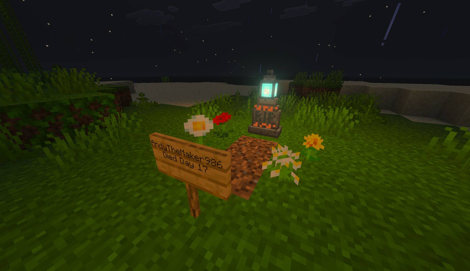 An in-game Soulbound Graves burial plot in the Overworld, with a lantern-topped tombstone, flowers, coarse dirt, and a protected death-day sign.