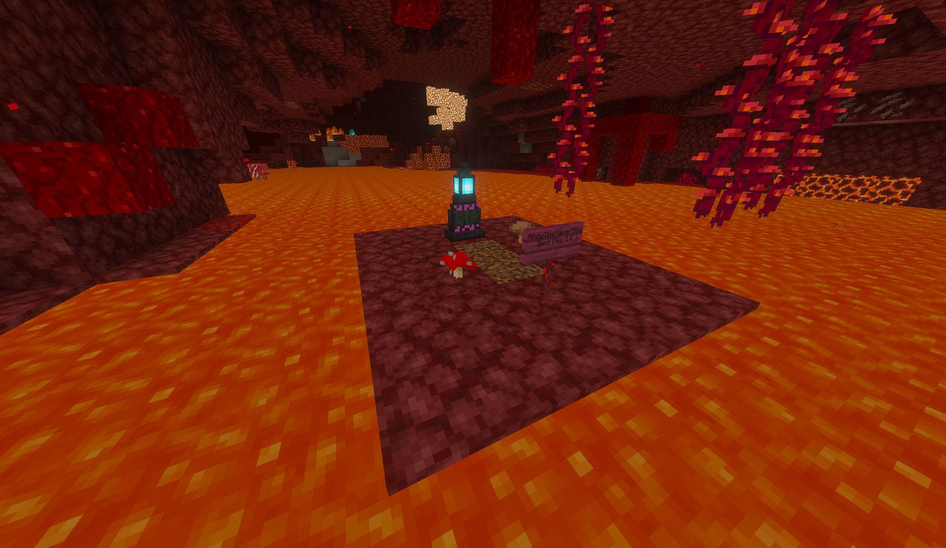A Tier IV Soulbound grave safely built on a solid netherrack vault in the middle of a Nether lava lake.