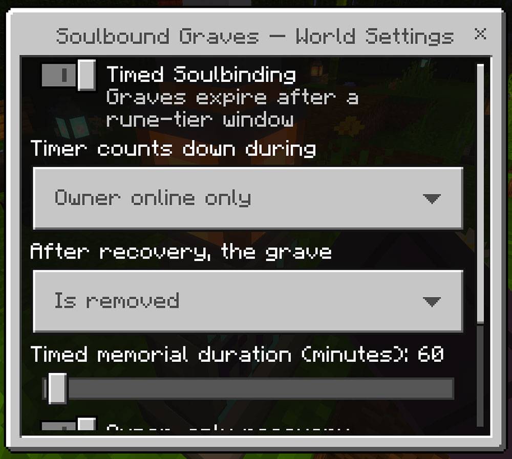 The in-game Soulbound Graves world settings form, showing Timed Soulbinding, timer mode, post-recovery behavior, and memorial duration controls.