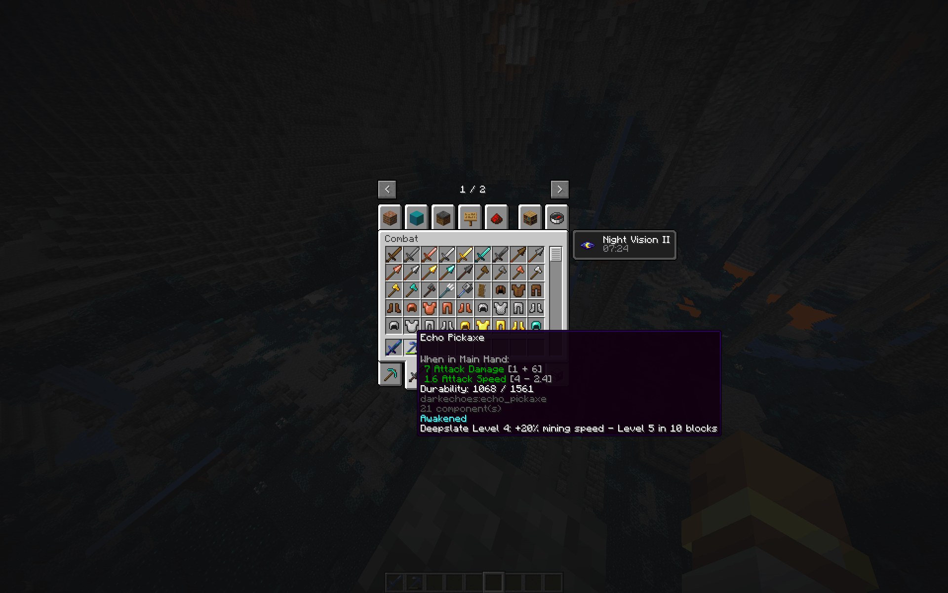 Thumbnail Echo Pickaxe details outside of AugmenStation, with recorded deepslate that it had mined