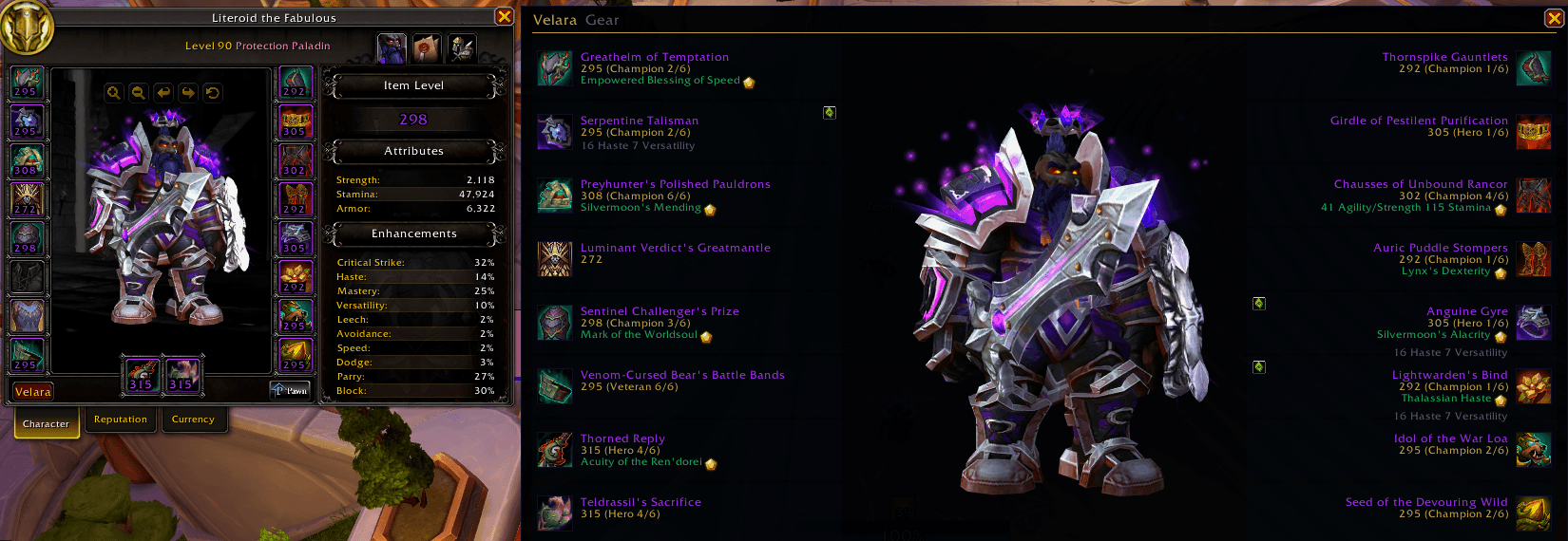 Shows missing enchants and gems in red, says "all set" in green when everything is enchanted and slots have gems.