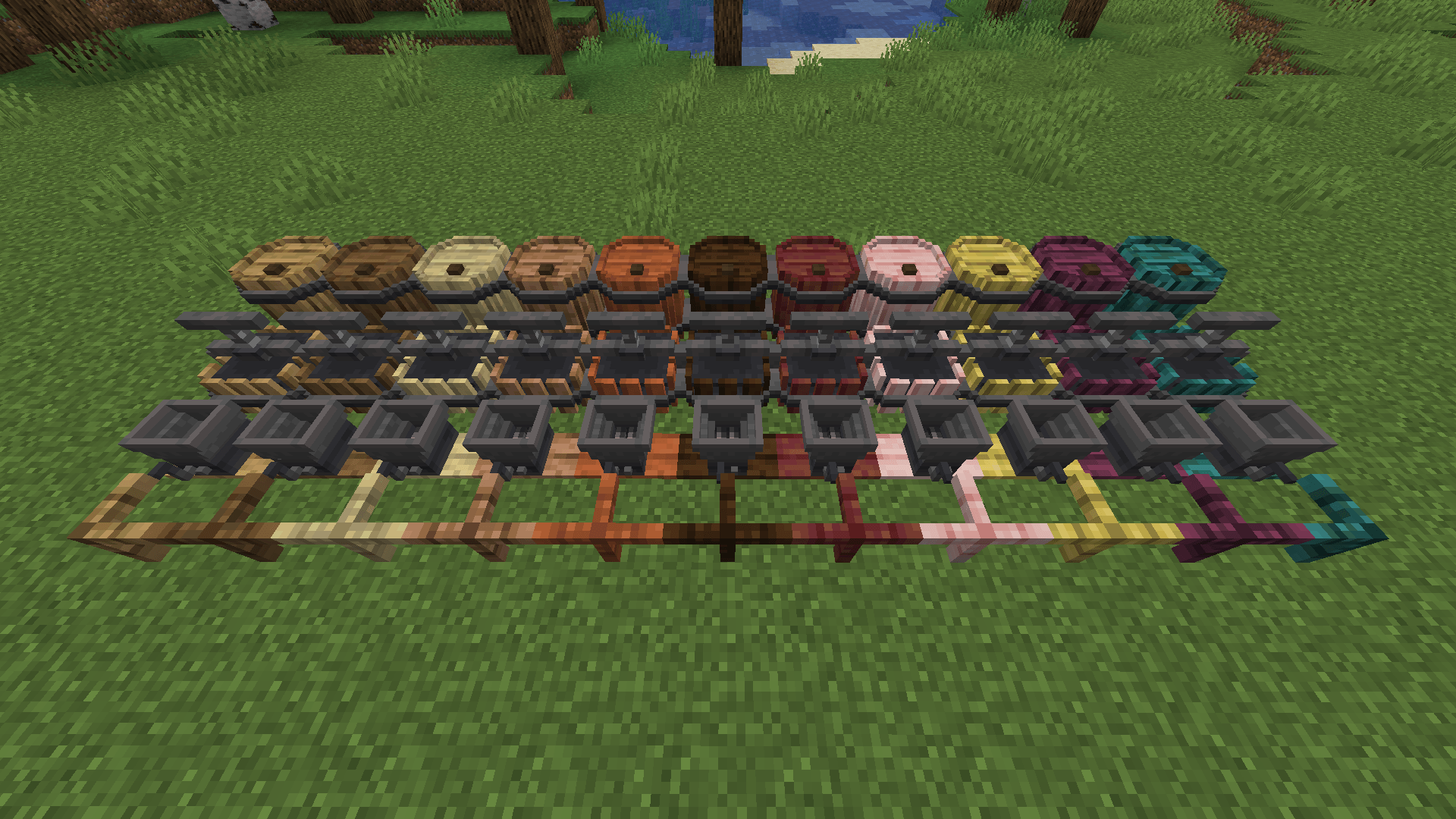 Thumbnail Back to front: Fermenting Barrel, Manual Press, Manual Crusher, Trellis. Left to right: Oak, Spruce, Birch, Jungle, Acacia, Dark Oak, Mangrove, Cherry, Bamboo, Crimson, Warped.