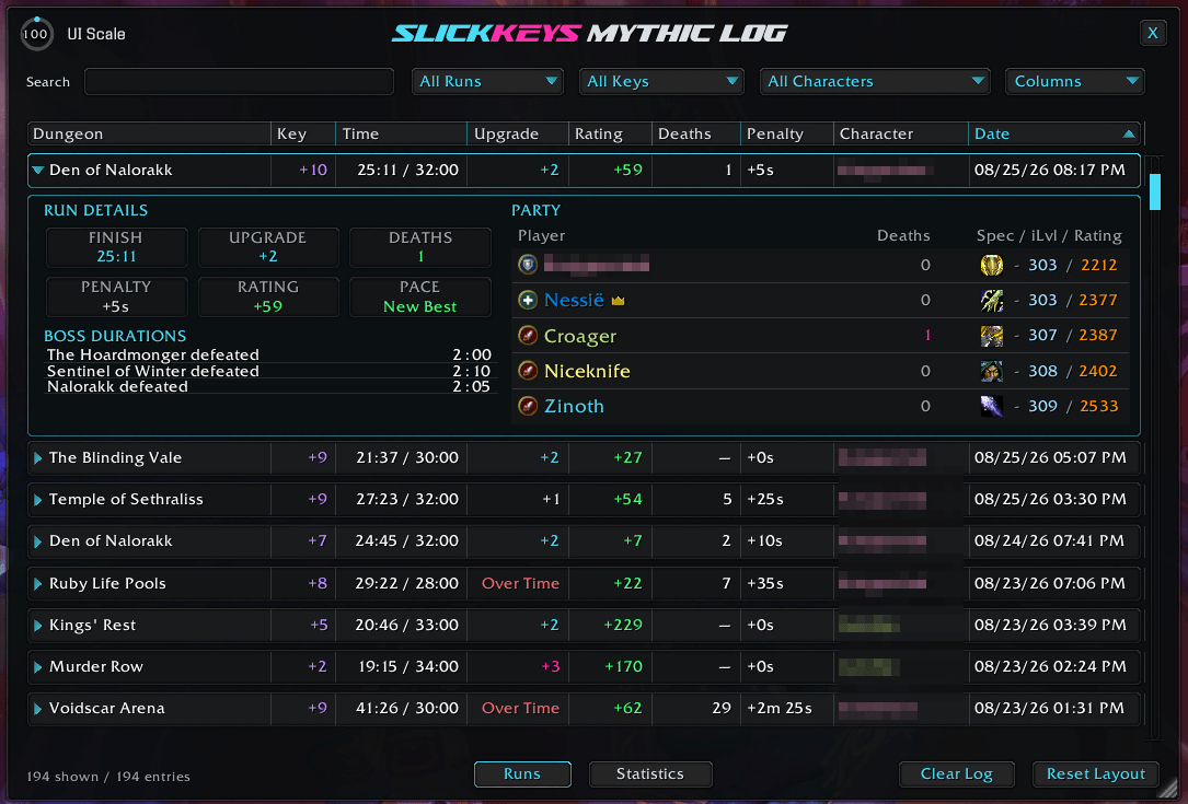An example of the Mythic+ Run Details Log window that tracks all your Mythic+ Key run details.