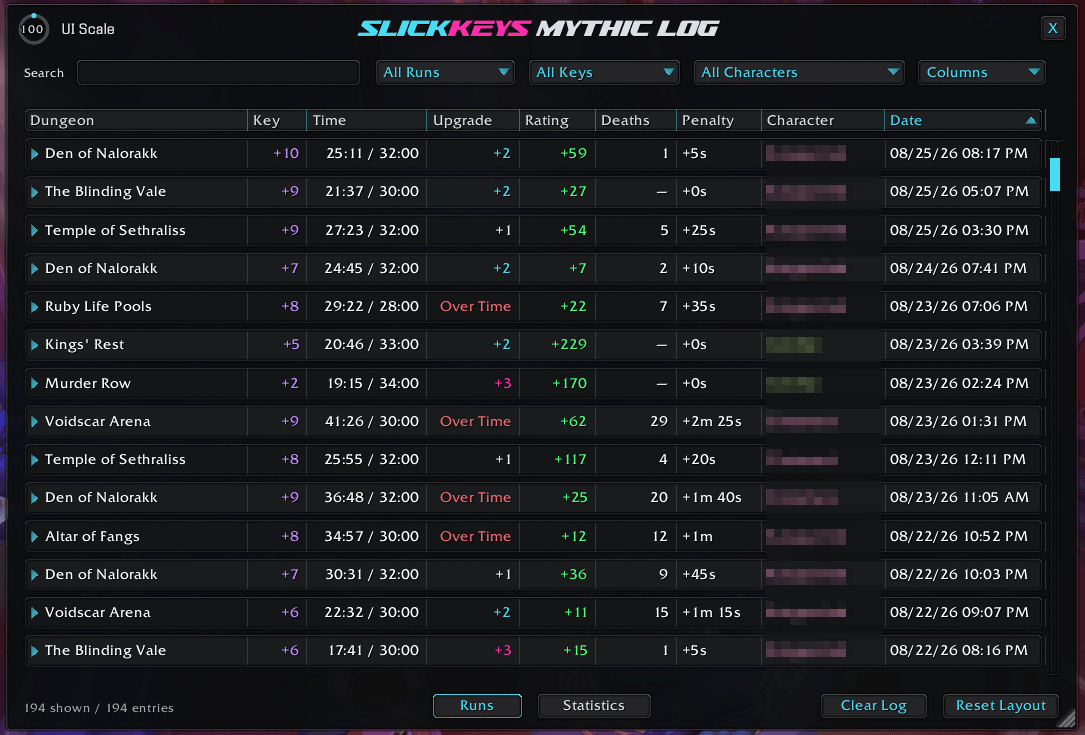 An example of the Mythic+ Log window that tracks all your Mythic+ Key runs.