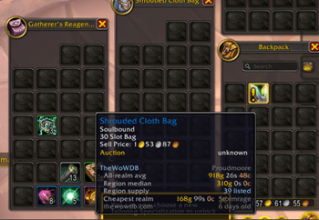 All-realm average, region median, region supply and the cheapest realm added to a Shrouded Cloth Bag tooltip from the packaged market snapshot.