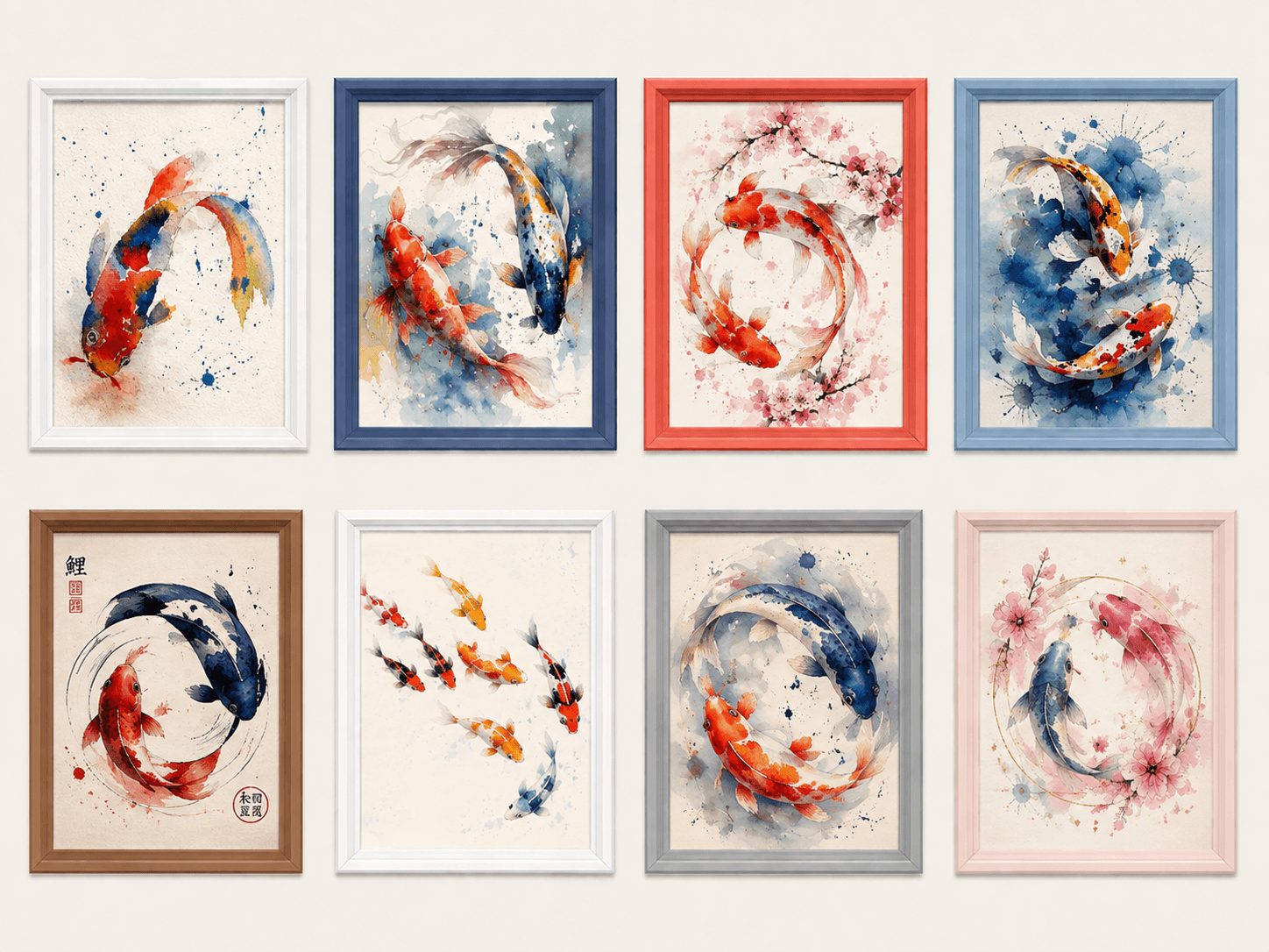 A collection of 8 elegant koi watercolor paintings