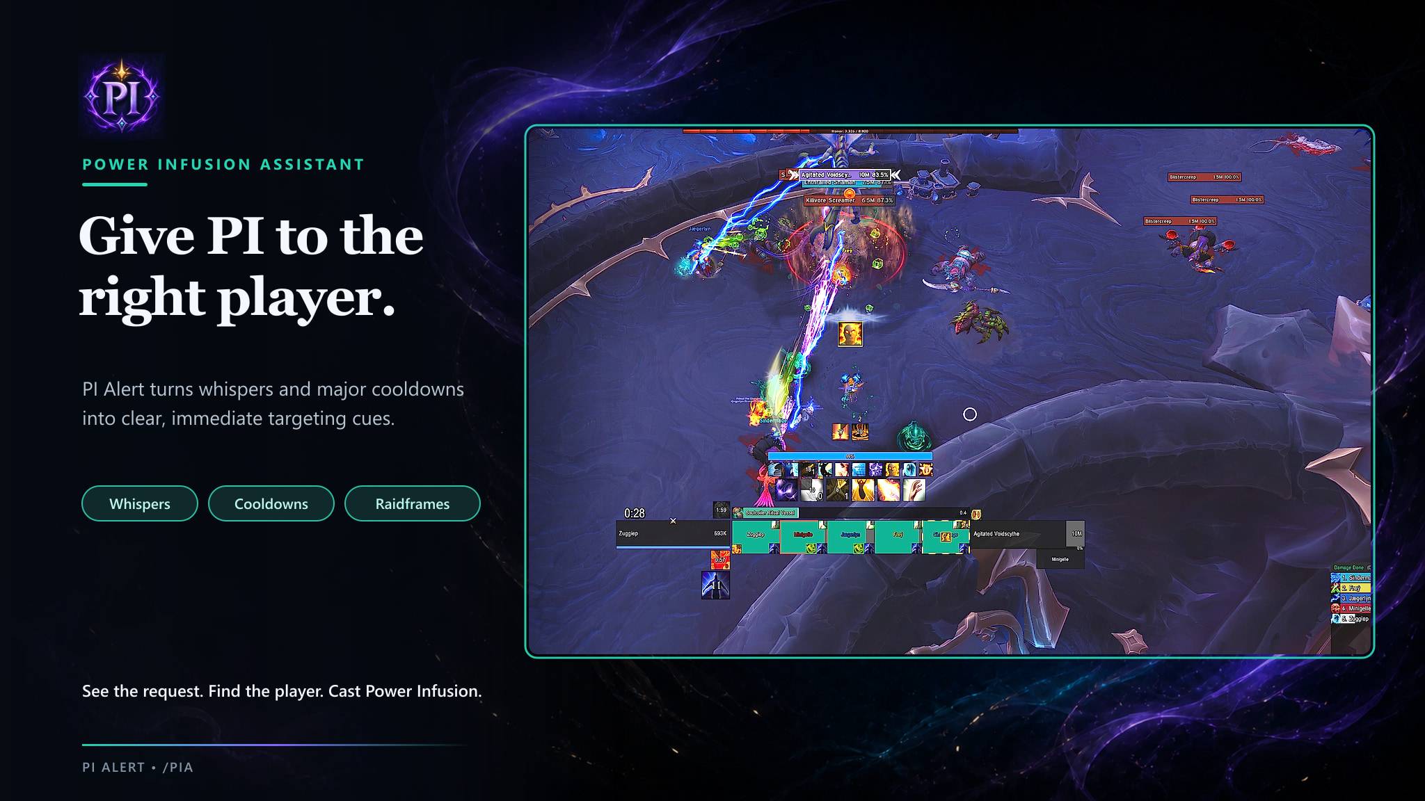 Live dungeon combat showing PIAlert's raidframe cue and movable Power Infusion alert.