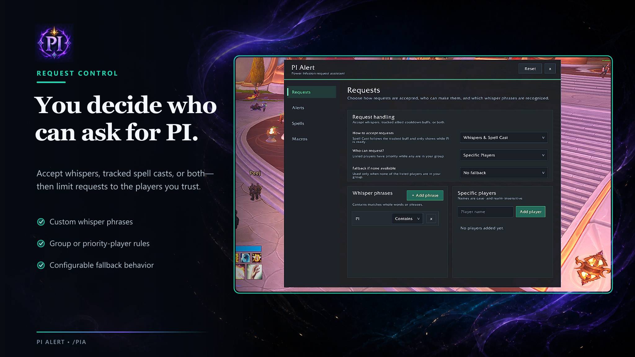 Thumbnail Choose how requests are accepted, who can request, and which whisper phrases are recognized.