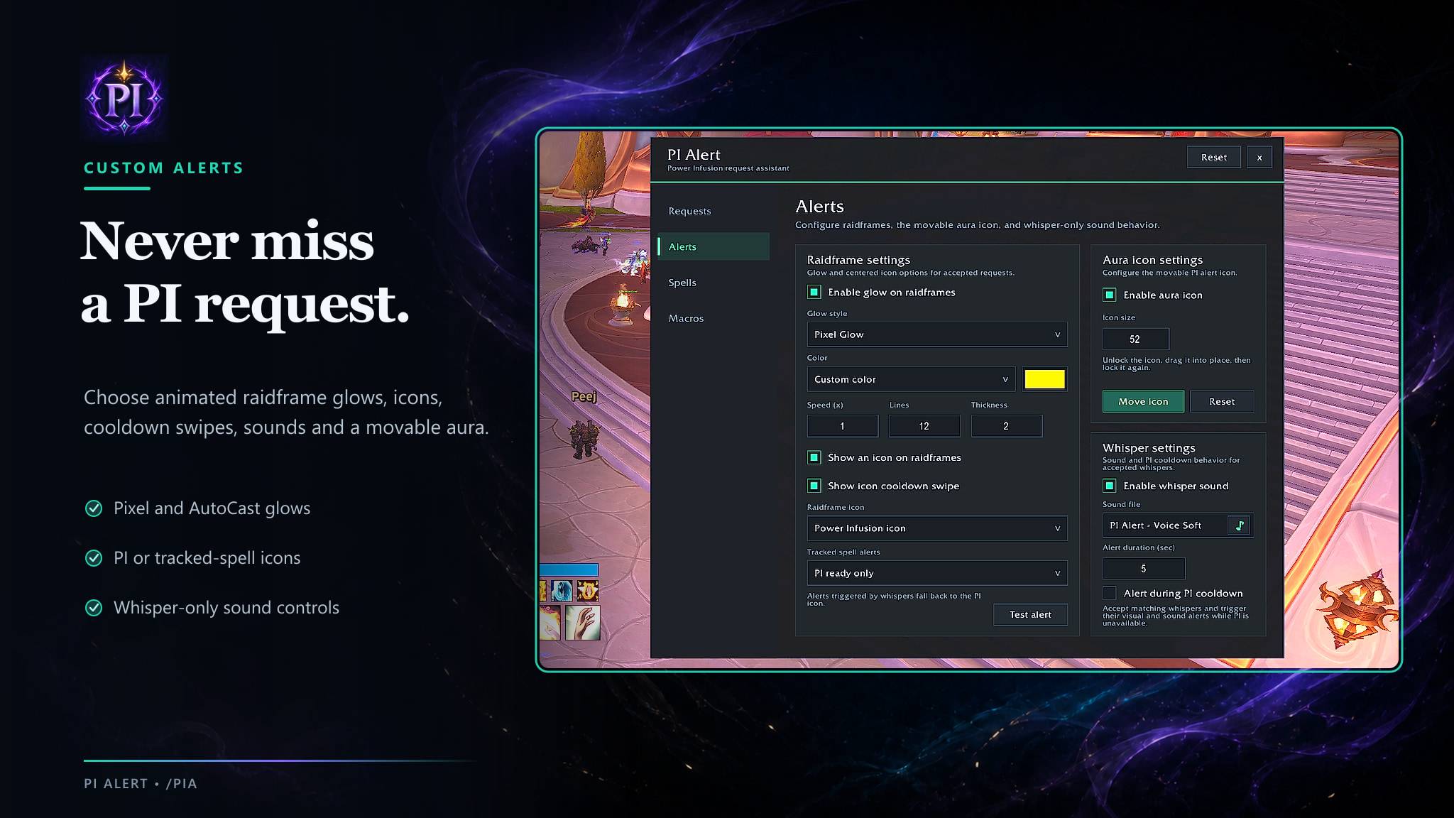 Thumbnail Configure raidframe glows, icons, cooldown swipes, sounds, and the movable aura icon.