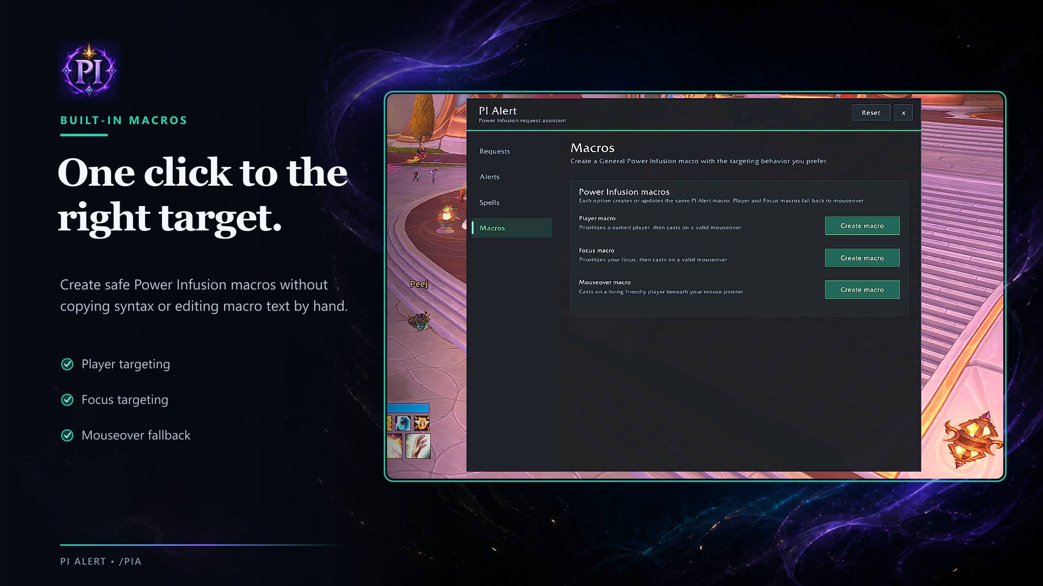Thumbnail Create Player, Focus, or Mouseover Power Infusion macros with safe mouseover fallback.