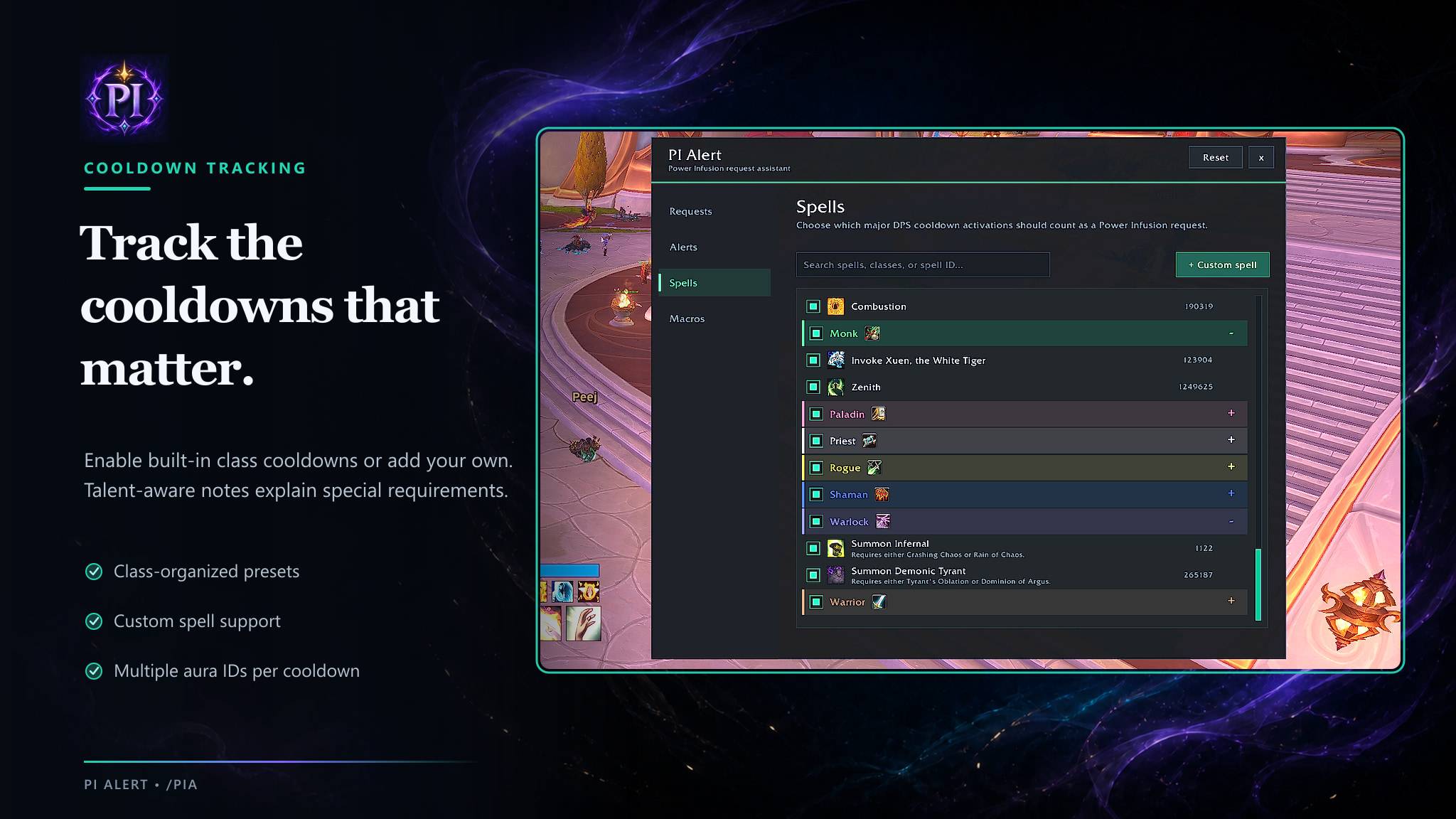 Thumbnail Enable organized class cooldown presets, talent-aware entries, or custom aura IDs.