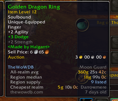Thumbnail The five lines the addon adds under the vendor price: all-realm average, region median, region supply, cheapest realm and data age. Read from packaged price data in the addon — no network calls from the game client.