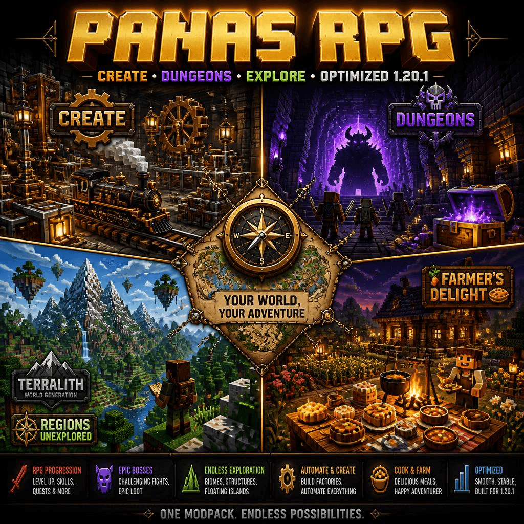 Overview of Panas RPG 1.20.1 Forge: Create factories & trains, epic dungeons with 37 bosses, Terralith exploration and Delight cooking. 129 mods optimized for lag-free co-op (6-8GB). Which quadrant will you master first?