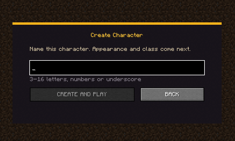 Character naming screen with validation rules and create button