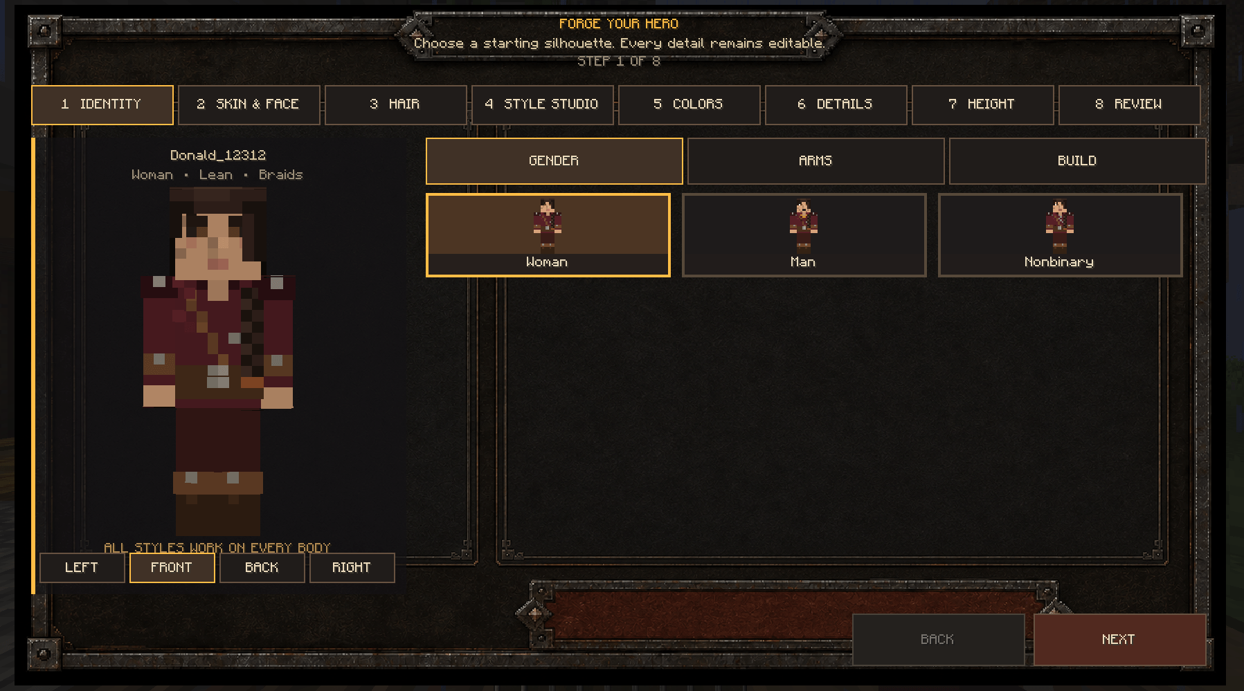 Eight-stage creator identity screen showing woman, man, and nonbinary suggestions