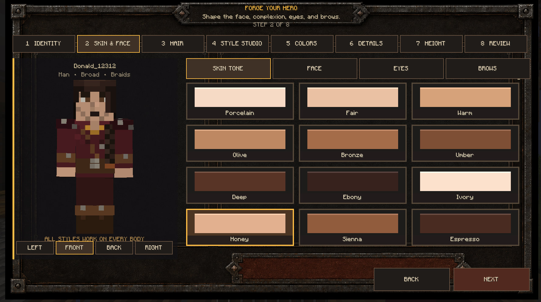 Skin and face customization screen with complexion palette
