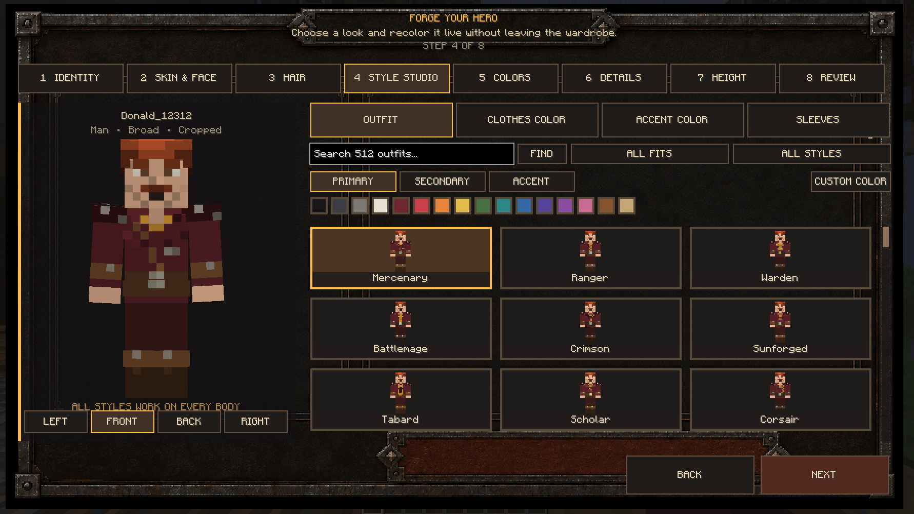 Style Studio showing outfit search, color controls, and outfit previews