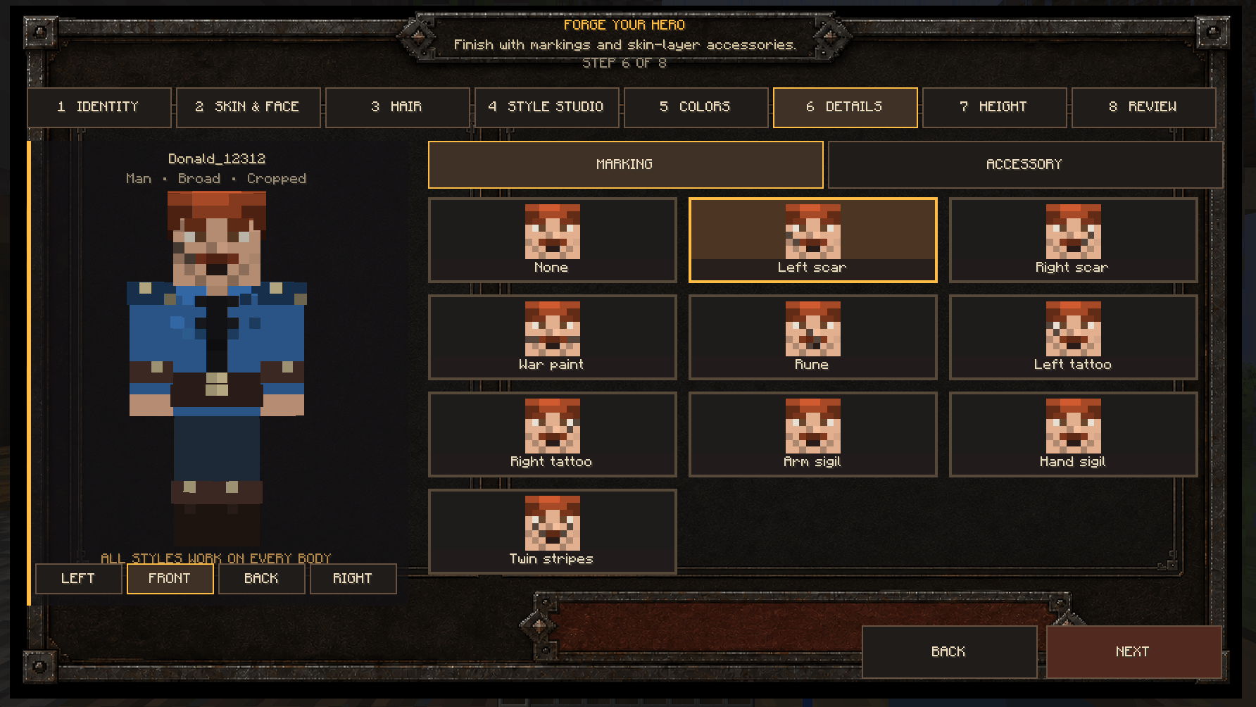 Character details screen showing scars, tattoos, runes, and markings