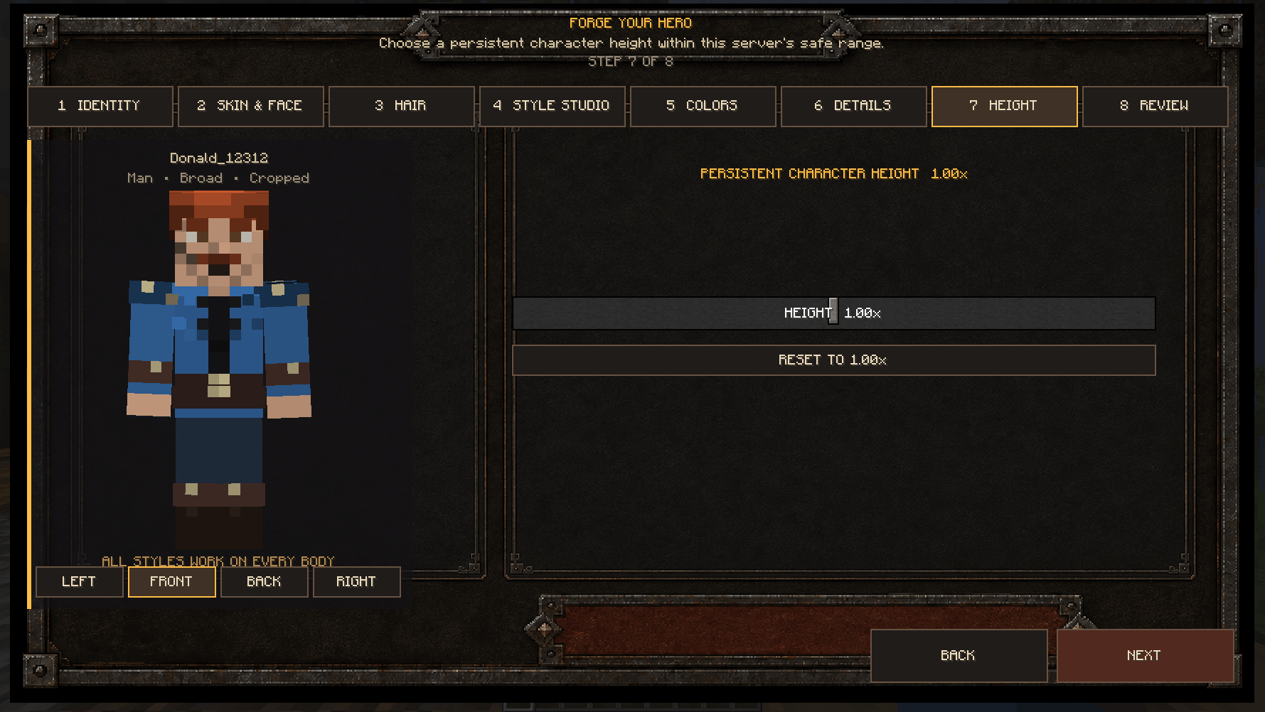Persistent character height slider and reset control