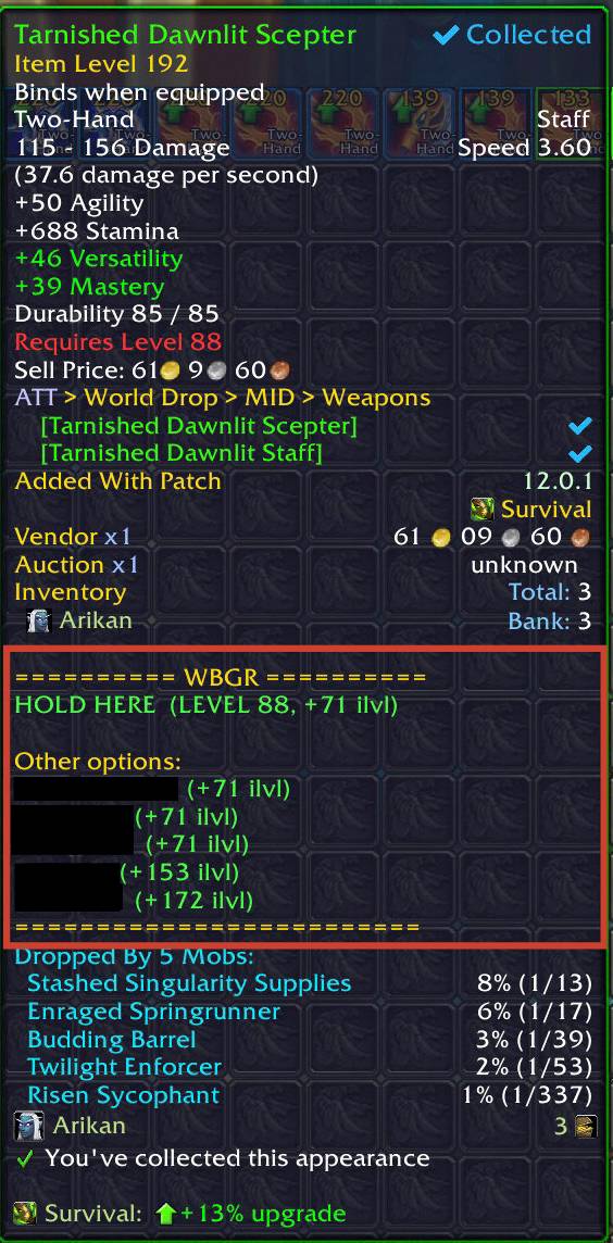 Thumbnail See routing recommendations directly in item tooltips, with Shift for alternate destinations. WBGR can route both Warbound gear and eligible Bind-on-Equip items.