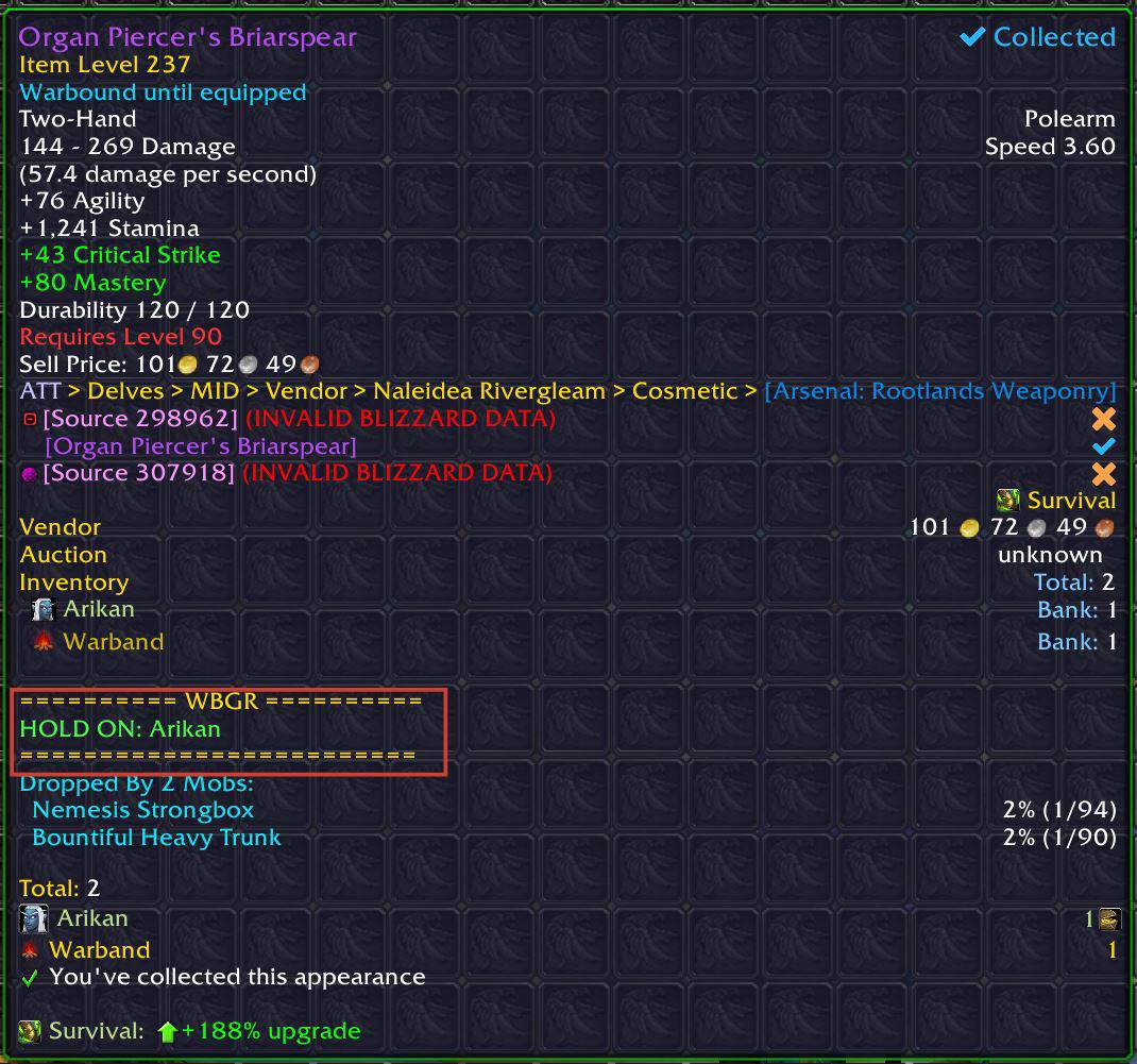 Thumbnail WBGR can identify when Warbound gear should be held for another character, showing the intended destination directly in the item tooltip.