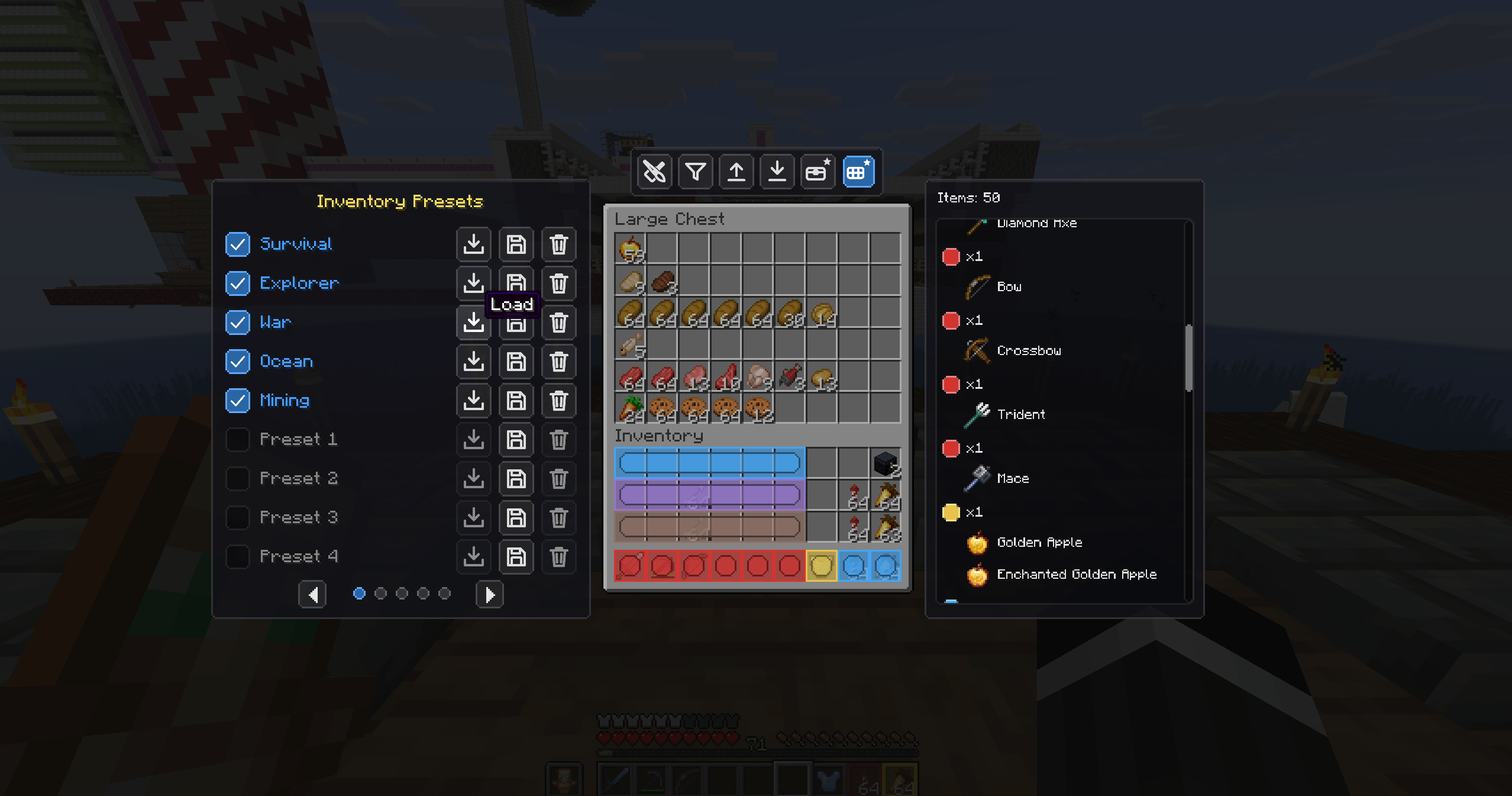 Thumbnail Preset loadouts for your inventory — Survival, Explorer, War, Ocean, Mining and custom slots.