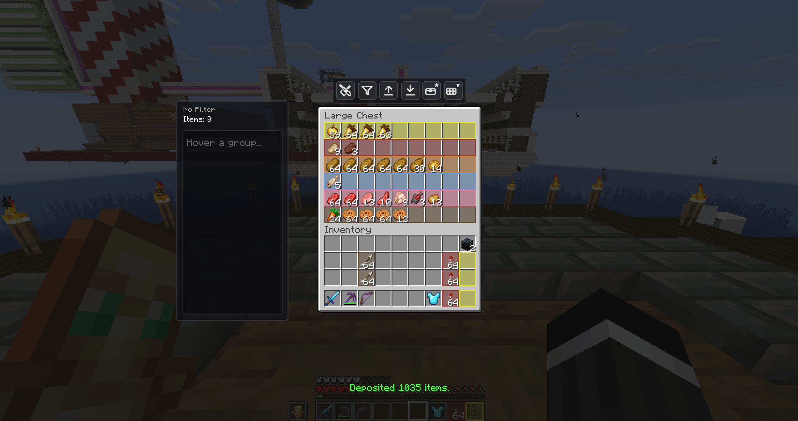 Thumbnail One click clears a full inventory — the on-screen counter reports the exact amount moved.