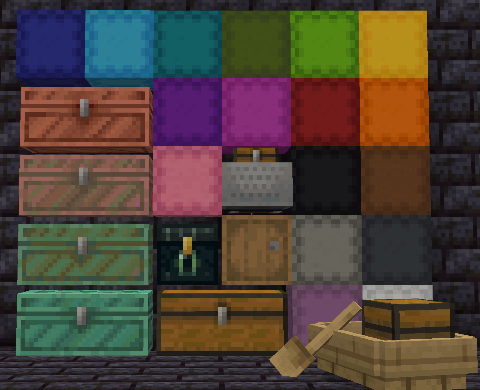 Thumbnail Chests, barrels, ender chests, shulker boxes, minecarts, boats with chests, and many modded containers.