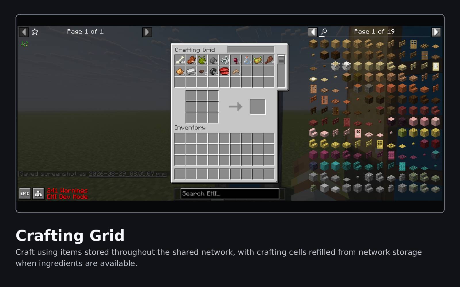 Thumbnail Craft using items stored throughout the shared network, with crafting cells refilled from network storage when ingredients are available.