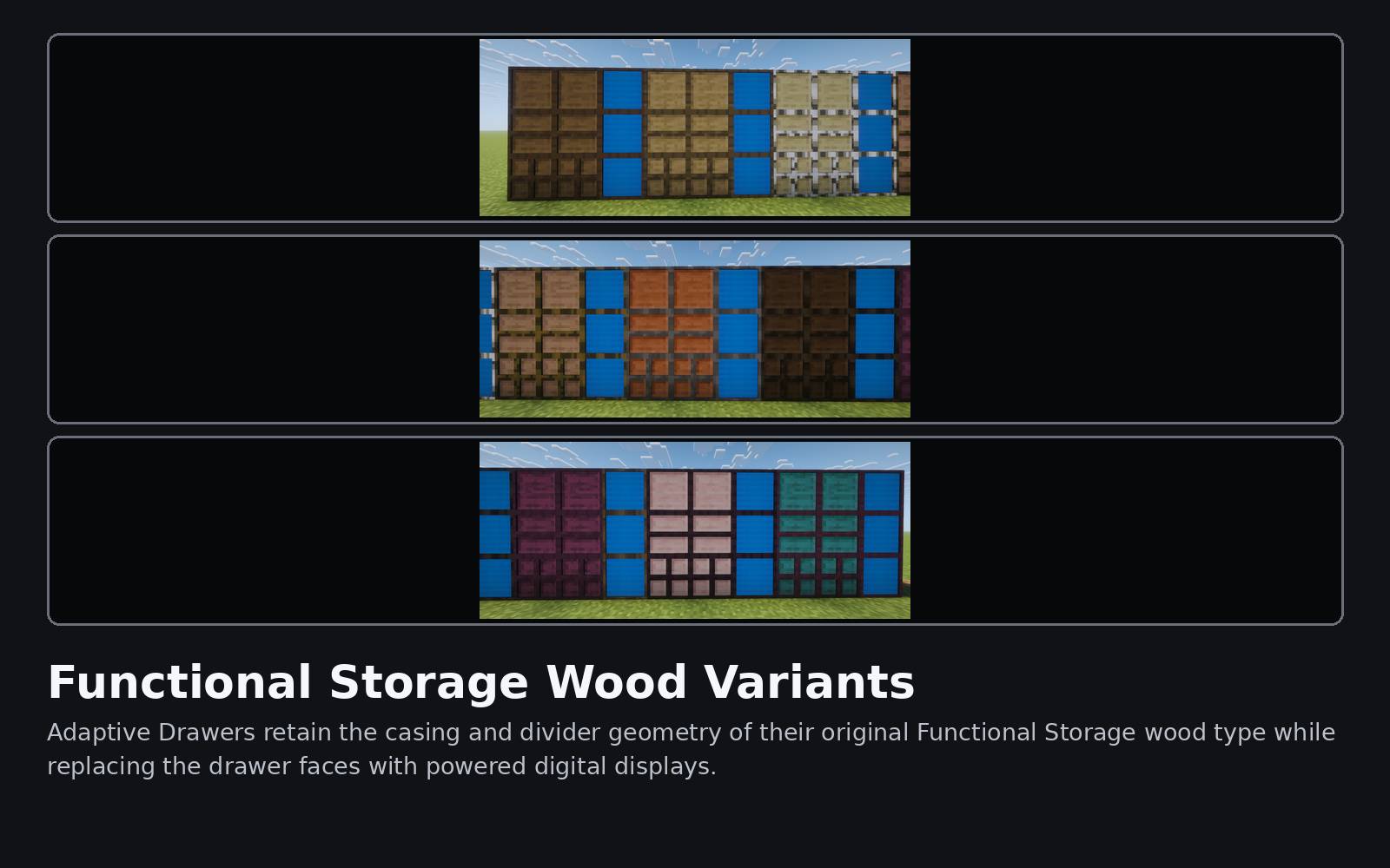 Thumbnail Adaptive Drawers now retain the casing and divider geometry of their original Functional Storage wood type while replacing the drawer faces with powered digital displays.