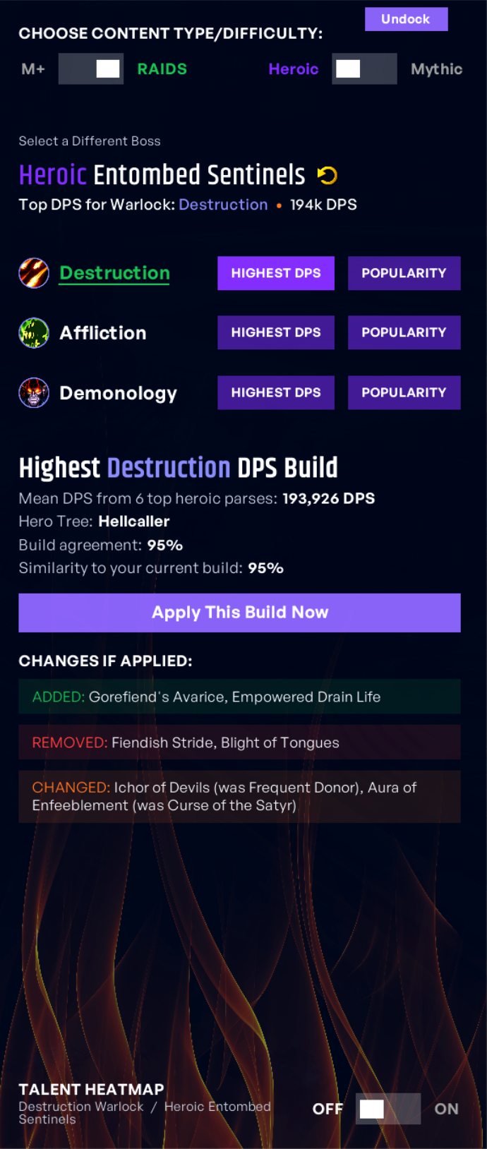 Switch between best builds for M+ or Raids (Heroic and Mythic) for each dungeon or boss. Also choose the highest performing build (per Warcraft Logs) or the most popular build among the 100 highest DPS logs for the spec.