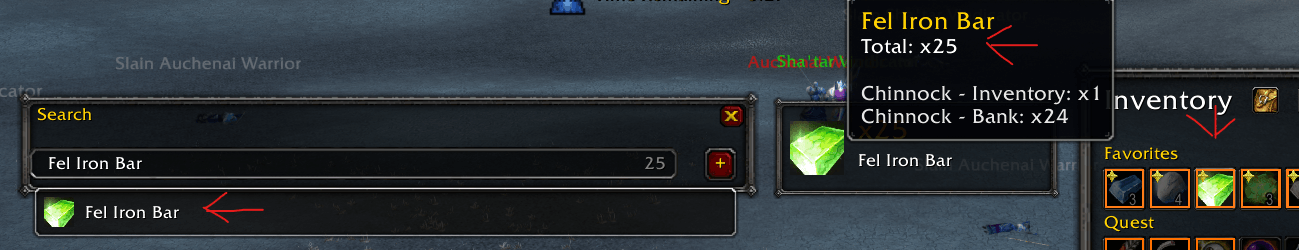 Seeing how many of the searched items are in your inventory and your bank (example)