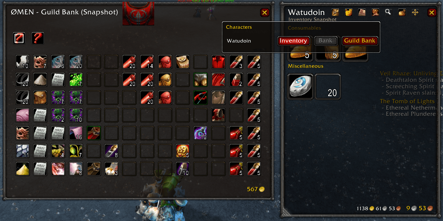 Seeing your ALT characters inventory next to your guild bank.
