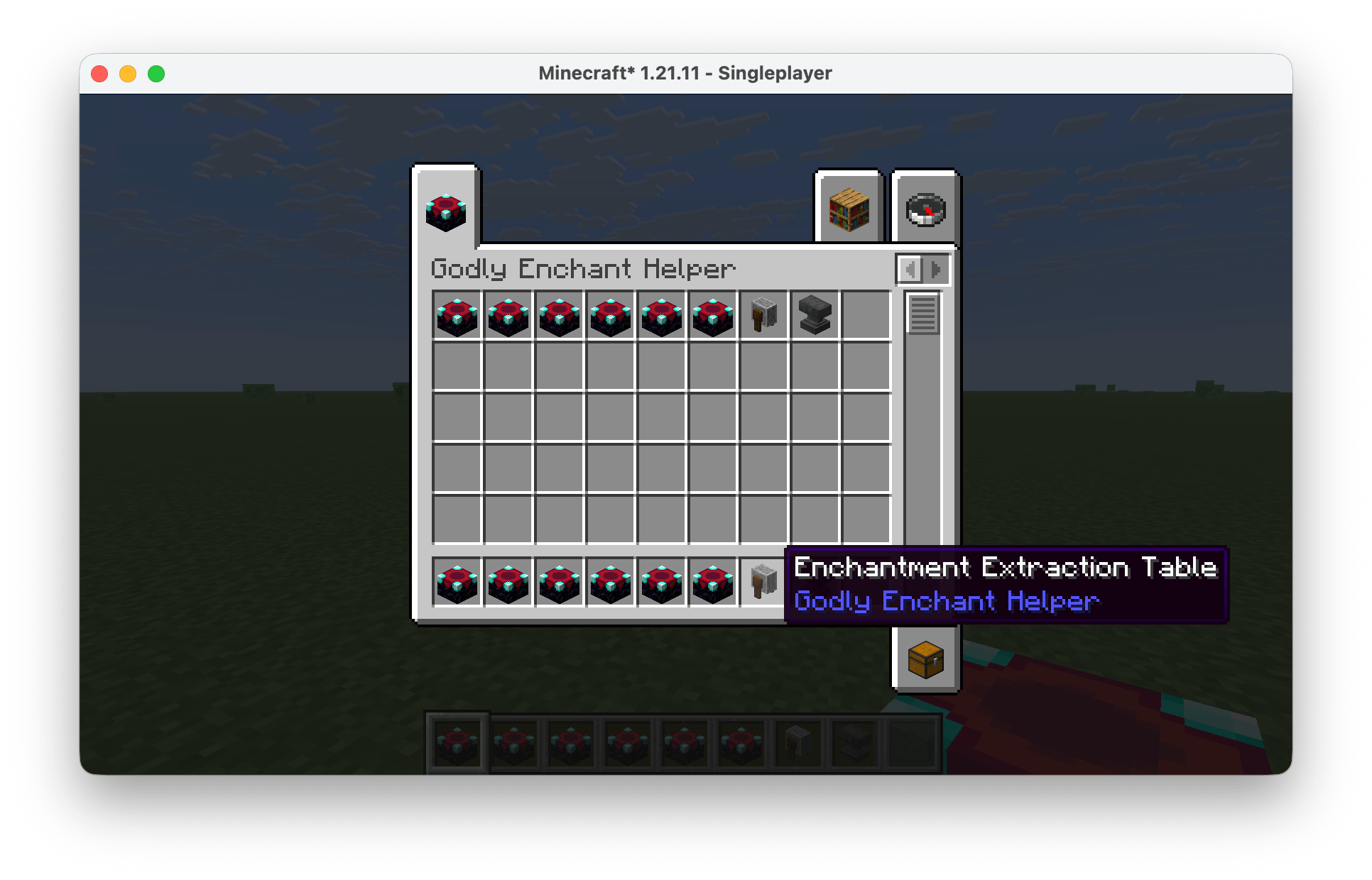 Extracts enchantments from supported gear into enchanted books while preserving their exact levels, including Level 255 enchantments. Powerful enchantments can be recovered and reused instead of being lost with the original item.